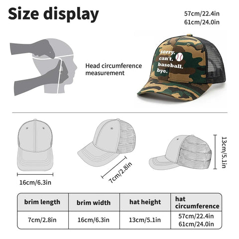 Funny Mens Trucker Cap With Camo Print Adjustable Back Hat size guide diagram with head circumference measurements.