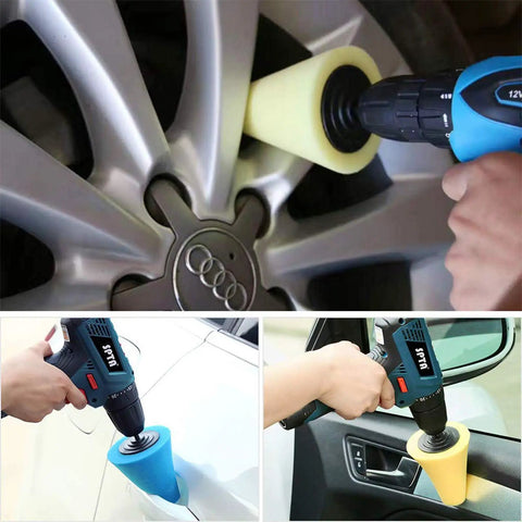 Pro Grade Drill Buffing Kit With 14Pcs Polishing Wheels And Buffing Pads For Automotive Detailing in use on car surfaces