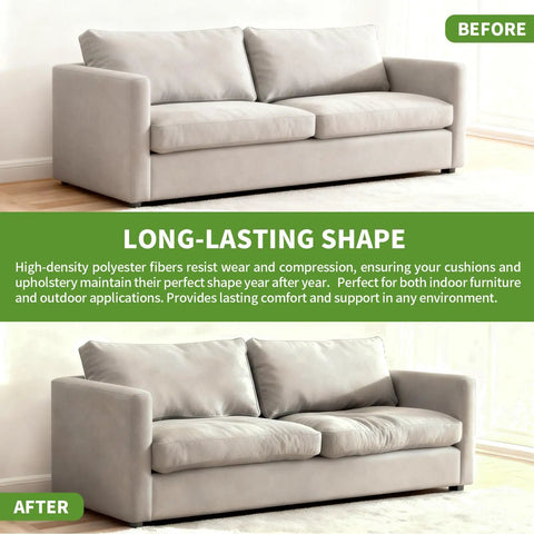 Before and after images of a refreshed sofa using Kick Your Couch Back To Life With Premium Half Inch Thick Polyester Batting.