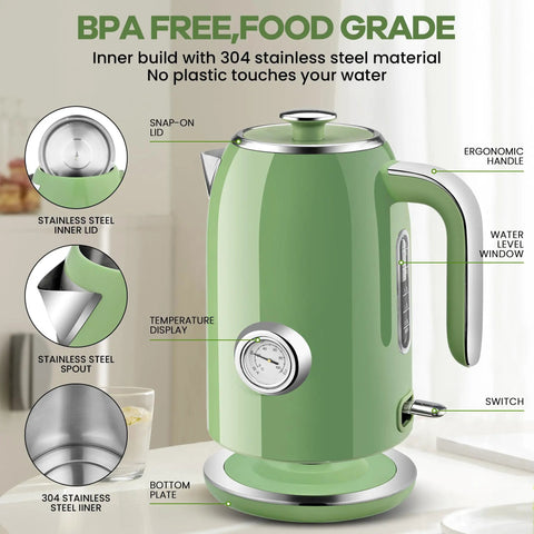 Retro Green 1.7L Stainless Steel Electric Kettle With Temperature Gauge Rapid Boil 1500W Auto Shutoff Boil Dry Protection BPA Free Large Capacity Tea Kettle For Home And Office