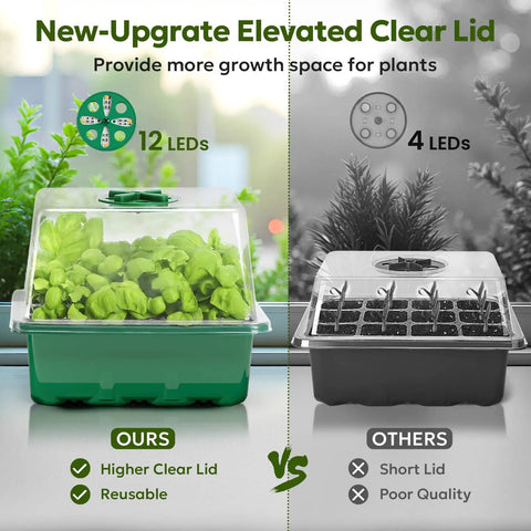 Comparison of two seed starter kits, Elevated Seed Starter Kit With Grow Light And Adjustable Humidity Dome versus a less effective kit.