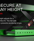 Close-up of Heavy Duty Aluminum Motorcycle Scissor Lift Jack 1100 Lbs With Upgraded M16 Screw And Dual Reinforcement Shafts For Superior Stability, Non Slip Rubber Pad Saddle For ATV Cruiser Green.