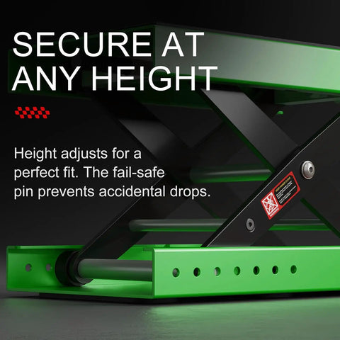 Close-up of Heavy Duty Aluminum Motorcycle Scissor Lift Jack 1100 Lbs With Upgraded M16 Screw And Dual Reinforcement Shafts For Superior Stability, Non Slip Rubber Pad Saddle For ATV Cruiser Green.