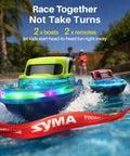 Two Pack RC Boats For Kids Ready To Race With 7 Mode LED Lights Water Spray Dual Batteries Two Point Four GHz Remote Range 164 Feet Remote Control Pool Boats Gift For Boys And Girls racing in pool