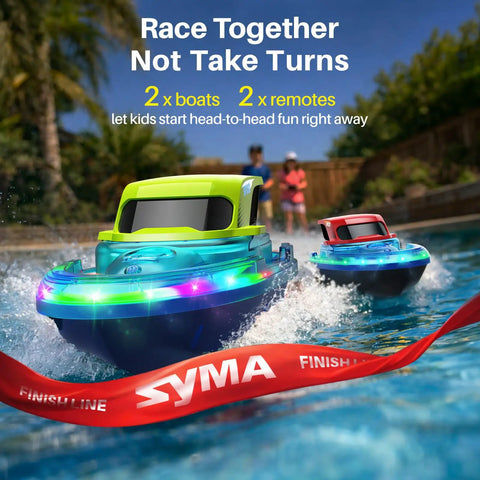 Two Pack RC Boats For Kids Ready To Race With 7 Mode LED Lights Water Spray Dual Batteries Two Point Four GHz Remote Range 164 Feet Remote Control Pool Boats Gift For Boys And Girls racing in pool
