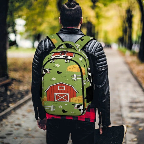 Person wearing Green Grass Farm Cartoon Printed Unisex Backpack With Large Capacity Durable Polyester on a path.