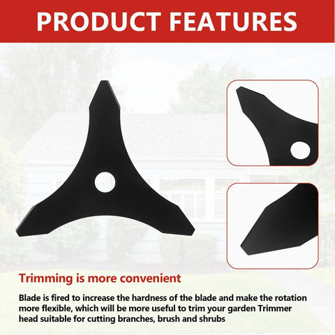 Pro Grade Heavy Duty Trimmer Head Kit With 10 Inch 3 Tooth Carbon Steel Blades shown against a house with feature details