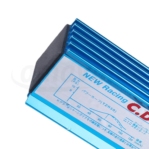 Close-up of GY6 High Performance Racing CDI Box for 50cc to 150cc Chinese Scooters with blue durable alloy build