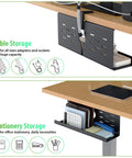 Two Pack 16 Inch Under Desk Cable Management Trays Expandable To 32 Inches No Drill Mount Cord Organizer showing cable and stationery storage.