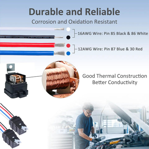 4 Pin 12V DC IP65 Waterproof Relay Harness Kit With Heavy Duty 40/30 Amp Rating 12 And 16 AWG Tinned Copper Wires SPST