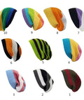 Various colorful rainbow striped knit beanies, showcasing different vibrant patterns for women. Cozy warm hat for outdoor adventures.