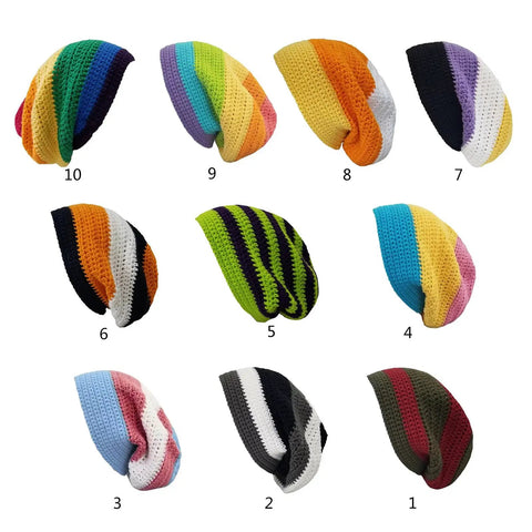 Various colorful rainbow striped knit beanies, showcasing different vibrant patterns for women. Cozy warm hat for outdoor adventures.