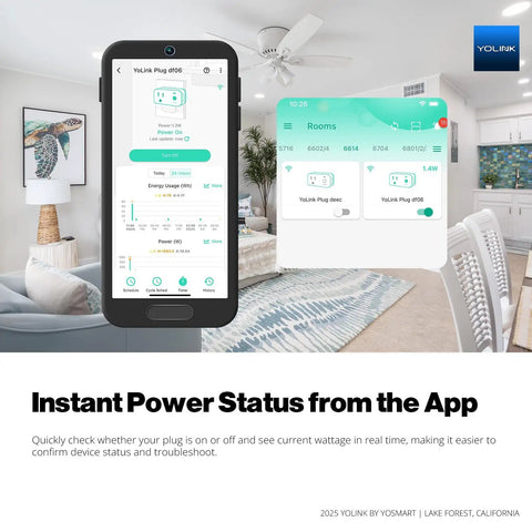 Smart Energy Plug 15A 4 Pack With Real Time Energy Monitoring app interface displayed on smartphone in living room.