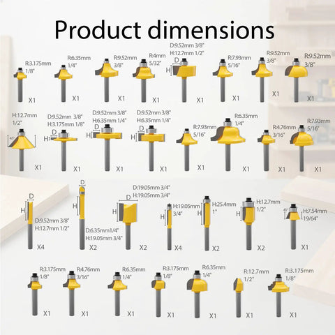 100 Piece Router Bits Set With One Quarter Inch Shank Carbide Bits For Woodworking Pro Level Milling Cutter Kit dimensions