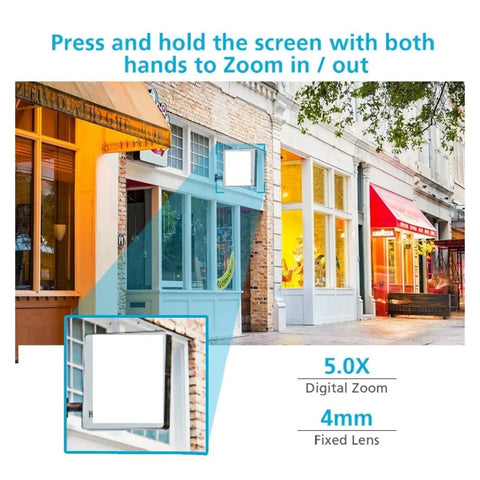 Top Tier 4K 8MP Dome Security Camera Featuring 5X Digital Zoom And Hella Crisp 85 Degree Viewing Angle For Seamless Indoor Outdoor Surveillance With A Rock Solid 360 Horizontal Rotation showing digital zoom details on a storefront.