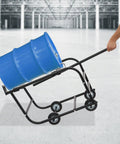 Huge Heavy Duty 55 Gallon Drum Cradle With 600 Lbs Capacity And Retractable Drawbar in use with blue drum.