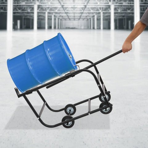 Huge Heavy Duty 55 Gallon Drum Cradle With 600 Lbs Capacity And Retractable Drawbar in use with blue drum.