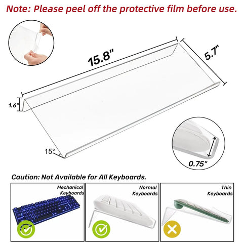 Dimensions and compatibility chart for Two Pack Tilted Keyboard Stand In Clear Acrylic For Ergonomic Typing, shows 15.8 x 5.7 inches size.