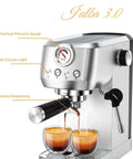 20 Bar Espresso Machine With Professional 10mm Milk Frother Steam Wand Stainless Steel Coffee Maker with two espresso cups