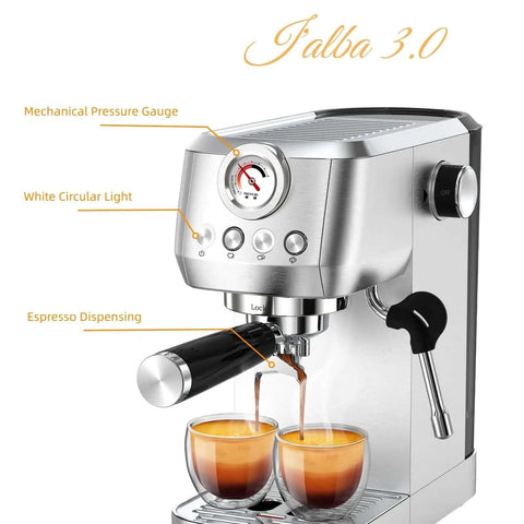 20 Bar Espresso Machine With Professional 10mm Milk Frother Steam Wand Stainless Steel Coffee Maker with two espresso cups