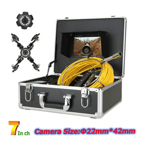 Straight Up Trade Tested Inspection Camera With 7 Inch HD Monitor And 20 M Cable For Sewer Pipe Drain Cleaning IP68 Waterproof Endoscope Borescope With 12 LED Lights A Genuine Heavy Workhorse For Plumbers And Contractors In Black inside a carrying case with yellow cable.