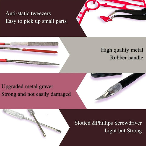 Gundam Model Tool Kit 28pcs Adult Hobby Tools Set includes anti-static tweezers, files, metal graver, and screwdrivers.