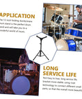 Hella Sturdy 12 Fold Snare Drum Stand Rack With Heavy Duty Accessory Holder For Practice Pads And Gear Compact Road Ready Top Shelf Black Finish showcasing the stand with drums.