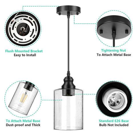 Diagram of 3 Pack Industrial Pendant Lights With Seeded Glass Shades, Black Farmhouse Ceiling Lighting assembly parts
