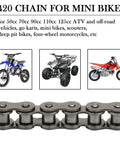 Heavy Duty 420 Motorcycle Chain With Alloy Steel Roller Chain And Chain Breaker For 50cc To 125cc ATVs Dirt Bikes Go Karts Mini Bikes Scooters Pit Bikes And Quads 132 Links shown with vehicles