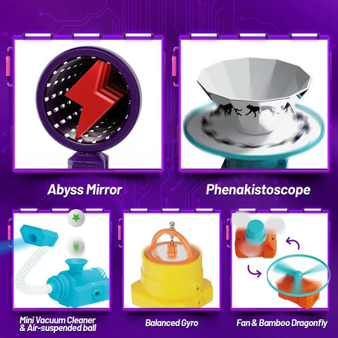 Circuit Science Kit for Kids With 76 STEM Projects showing an Abyss Mirror, Phenakistoscope, Mini Vacuum Cleaner, Balanced Gyro, Fan