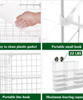 Interlocking Wire Cube Storage Unit And Divider System with plastic panels, small hooks, and durable metal wire shelving, white finish.