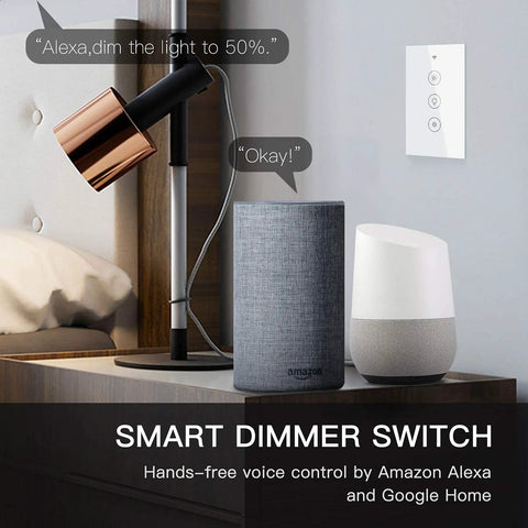 Smart WiFi Dimmer Switch With RF Remote Control Tuya Smart Life App Compatible 2 Way And 3 Way Multi Control For One Light Backlit Tempered Glass Touch Panel Alexa And Google Assistant Voice Ready White Finish next to voice speakers