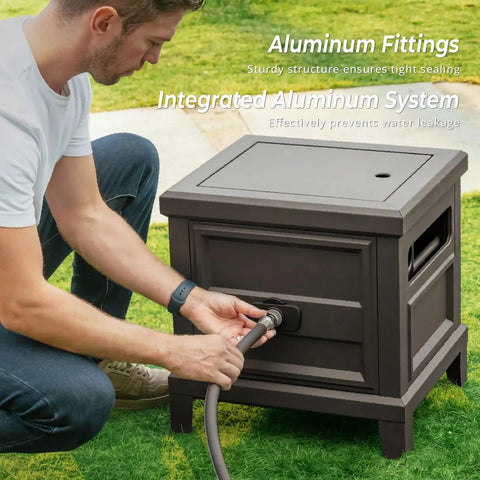 Person connecting hose to Heavy Duty Steel Garden Hose Reel Deck Box Holds 125 Ft Of 5/8 Inch Hose With Leak Proof Aluminum Water System
