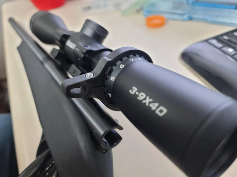 Carbon Fiber Scope Throw Lever For 3 9x40 Scopes, Ultra Lightweight, Custom 3D Printed Fit For Rimfire And Centerfire Rifles, attached