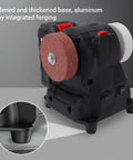Luocute 100W Cordless Mini Bench Grinder With 7500mAh Battery showing thickened base and sanding wheel for precise metal polishing.