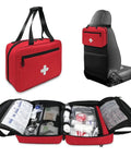 Compact First Aid Organizer Bag With Multiple Compartments For Travel Camping Hiking Car Home Use Red Emergency Medical Kit With Quick Access Transparent Pockets And Easy Grab Handle shown in various views