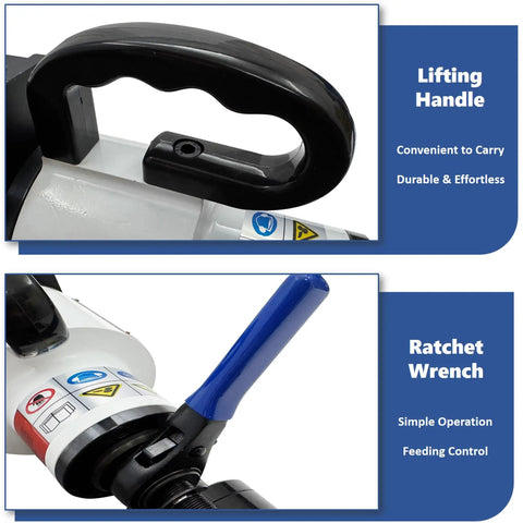 Close-up of Electric Pipe Beveler 1500W with lifting handle and ratchet wrench, auto-aligning internal expanding tool for pipes.