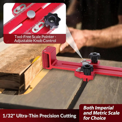 Pro Grade Aluminum Track Jig for Narrow Cuts attached to table saw with adjustable knob and scale markings visible