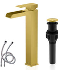 Gold Vessel Sink Faucet Brushed Gold Tall Waterfall Bathroom Vanity Faucet With Single Handle Pop Up Drain And Lead Free Water Supply Hoses