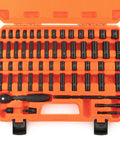 One Quarter Inch Drive Impact Socket Set With Fifty Six Pieces Featuring SAE And Metric Six Point Sockets Includes CR V Ratchet Handle All In One Heavy Duty Extension Bars Universal Joint And Durable Carry Case in an orange case