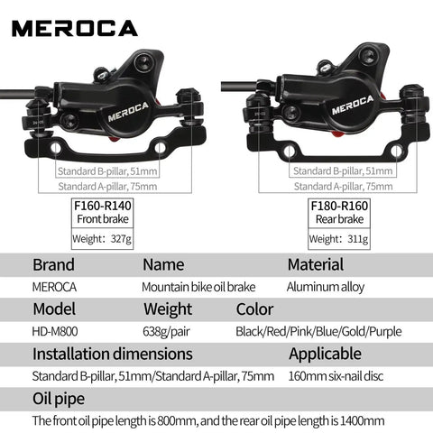 Mountain Bike Hydraulic Disc Brake Set With Front 800mm And Rear 1400mm Hoses, PM Adapter For 160mm Rotor.