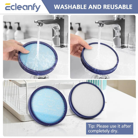 Hands washing and drying filters from 4 Pack Replacement Filters For WindTunnel Upright Vacuum Cleaners UH71250, UH72630 series.