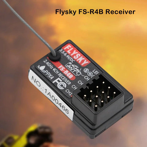 Close-up of Flysky FS-R4B 2.4GHz 4CH Receiver with ANT Protocol and single antenna PWM output against blurred background.