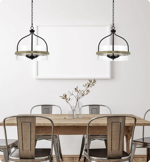 Modern Farmhouse 3 Light Pendant Chandelier With Glass Drum Shade, 16 Inch Ceiling Light hanging above dining table