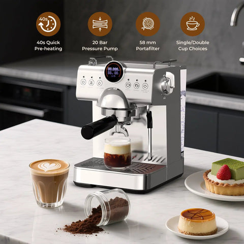Top Shelf Espresso Machine With Hot And Cold Brew Coffee Maker And Milk Frother For Knockout Cafe Drinks Home 50 Oz Tank LCD Screen with 20 bar pressure and 58mm portafilter.