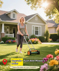 Person mowing lawn with push reel mower in front of house, showcasing durable roller and push mechanism for manual cutting.