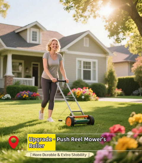 Woman mowing lawn with push reel mower in front of house on a sunny day