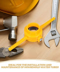 Manual Pipe Threading Tool Kit For Home Plumbing, Easy Operation And Safe Use, PVC Thread Maker With ABS Plastic Die, Durable Construction, Random Color, Perfect For DIY Installations And Fixes Of Household Water Tubes, yellow threading tool with wrench and hammer on wood