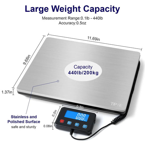 Digital Shipping Postal Scale 0.5 Oz Precision, 440 Lb Capacity with detachable LCD display and stainless surface