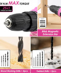 Pink 147 Piece Tool Kit With Twelve Volt Cordless Drill And Three Eighth Inch Keyless Chuck Built In LED Type C Charge Cable Women Friendly Home DIY Set For All shown with drill bits.